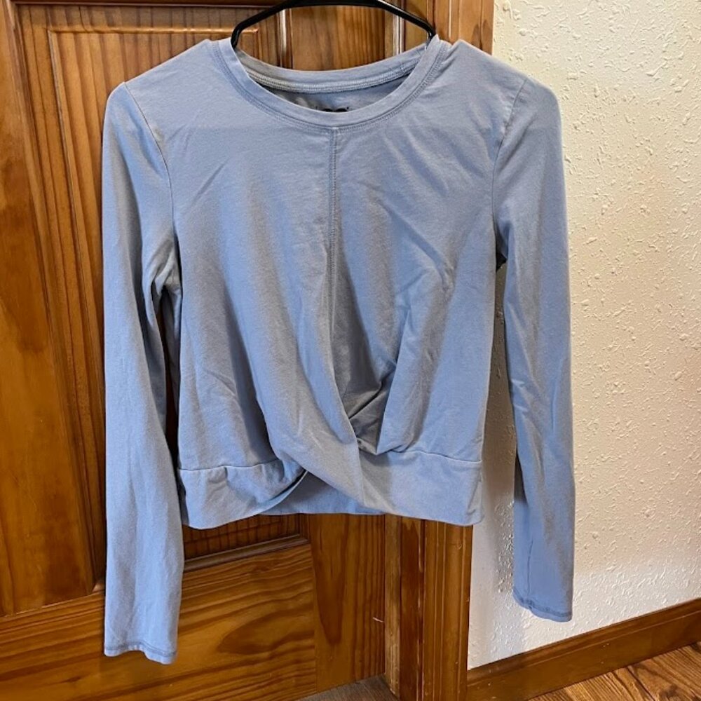 So Goods for Life Long Sleeve Crop Top Twist Front, Blue, Small